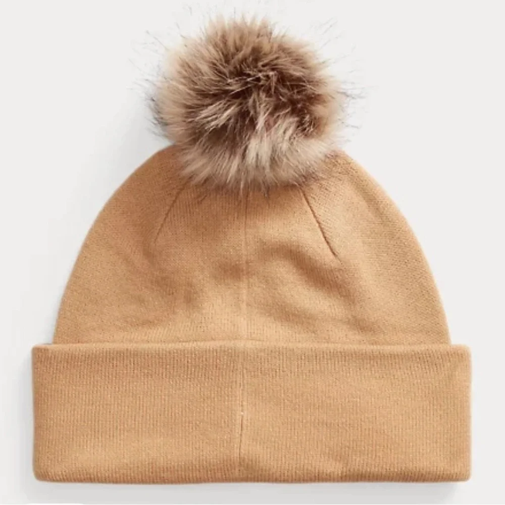 Ralph Lauren Women’s Knit Logo Beanie‎ with Faux Fur Pom Pom Camel Cream NWT
